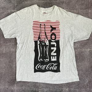 Men's Vintage 90's Enjoy Coca Cola Coke Heather Gray Striped T Shirt Tee Sz XL